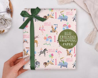 1st Birthday Wrapping Paper for Children With Pink Safari Animal - Luxury Gift Wrap, Folded