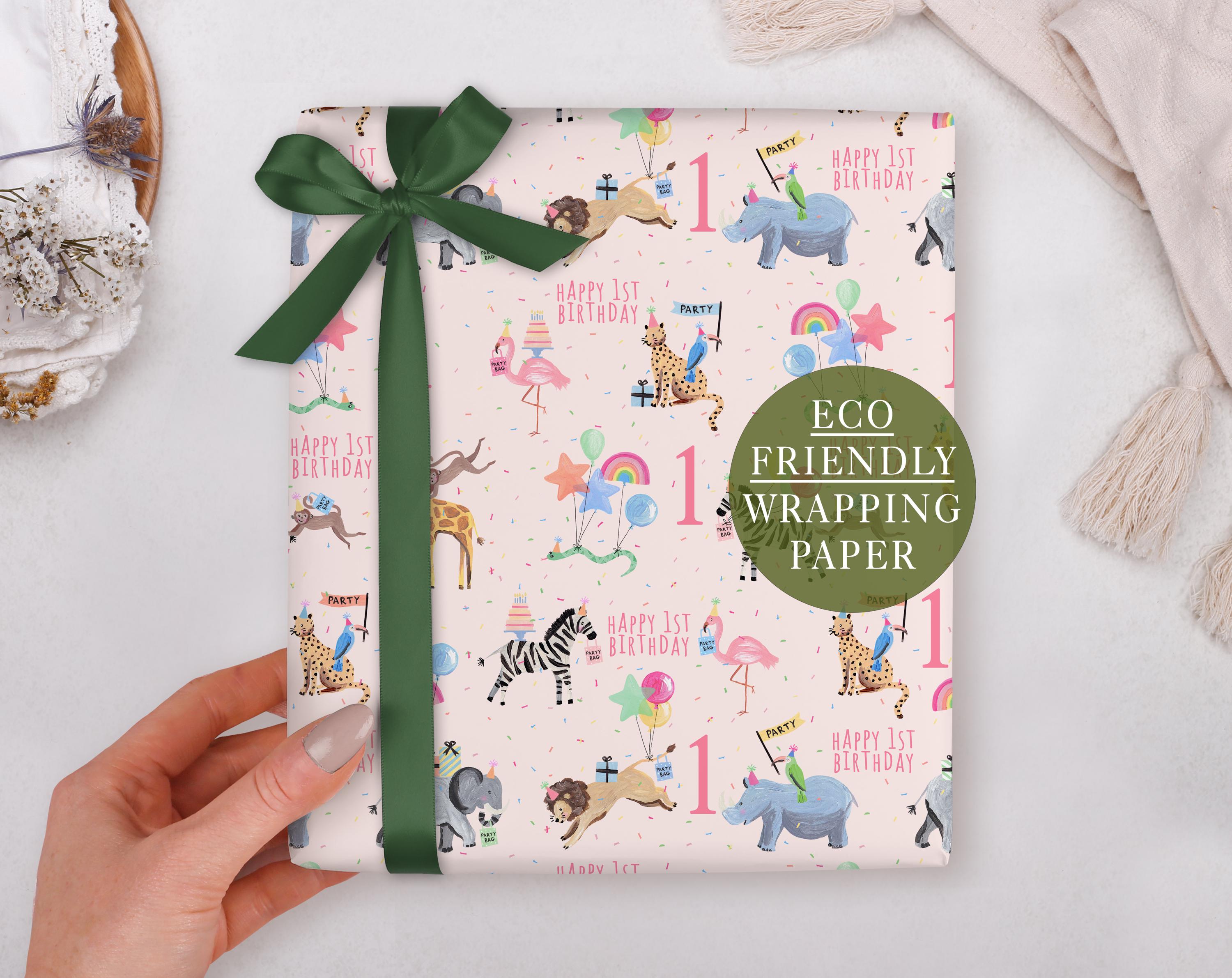 1st Birthday Wrapping Paper for Children With Pink Safari Animal