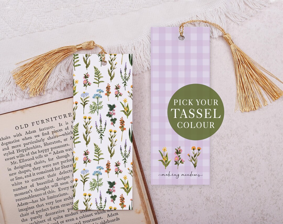 Meadow Flower Bookmark With Tassel - Purple Double Sided Reading Marker ...