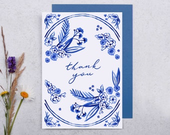 Thank You Card for Her, Pretty Floral Blue Porcelain Watercolour Design, Thank You Wedding Card, With Thanks Card