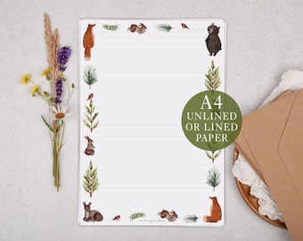 A4 Letter Writing Paper With Christmas Woodland Animals - Lined or Unlined Stationery Set