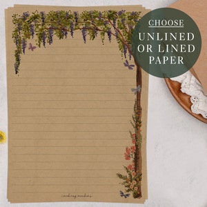 A5 Kraft Letter Writing Paper Sheets | Pretty Floral, Wisteria & Butterfly | Lined or Unlined Paper | Stationery Gift or Thoughtful Present