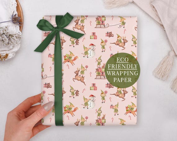 Christmas Wrapping Paper With Pink Elf - Children's Gift Wrap, Folded