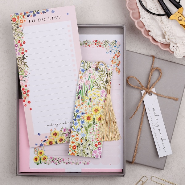 Pink Stationery Gift Box - The perfect eco friendly, stationery present filled with desk organising notepads, writing paper & bookmark