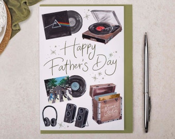 Vinyl Record Player Father's Day Card for Dad | Retro Music Happy Father's Day Greeting Card for Him | Hobby Card For Father