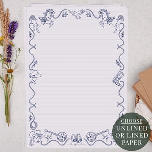 A4 Letter Writing Paper Sheets | Wild West USA Cowgirl County & Western Banjo Design | Lined or Unlined Paper | Stationery Writer Gift Set