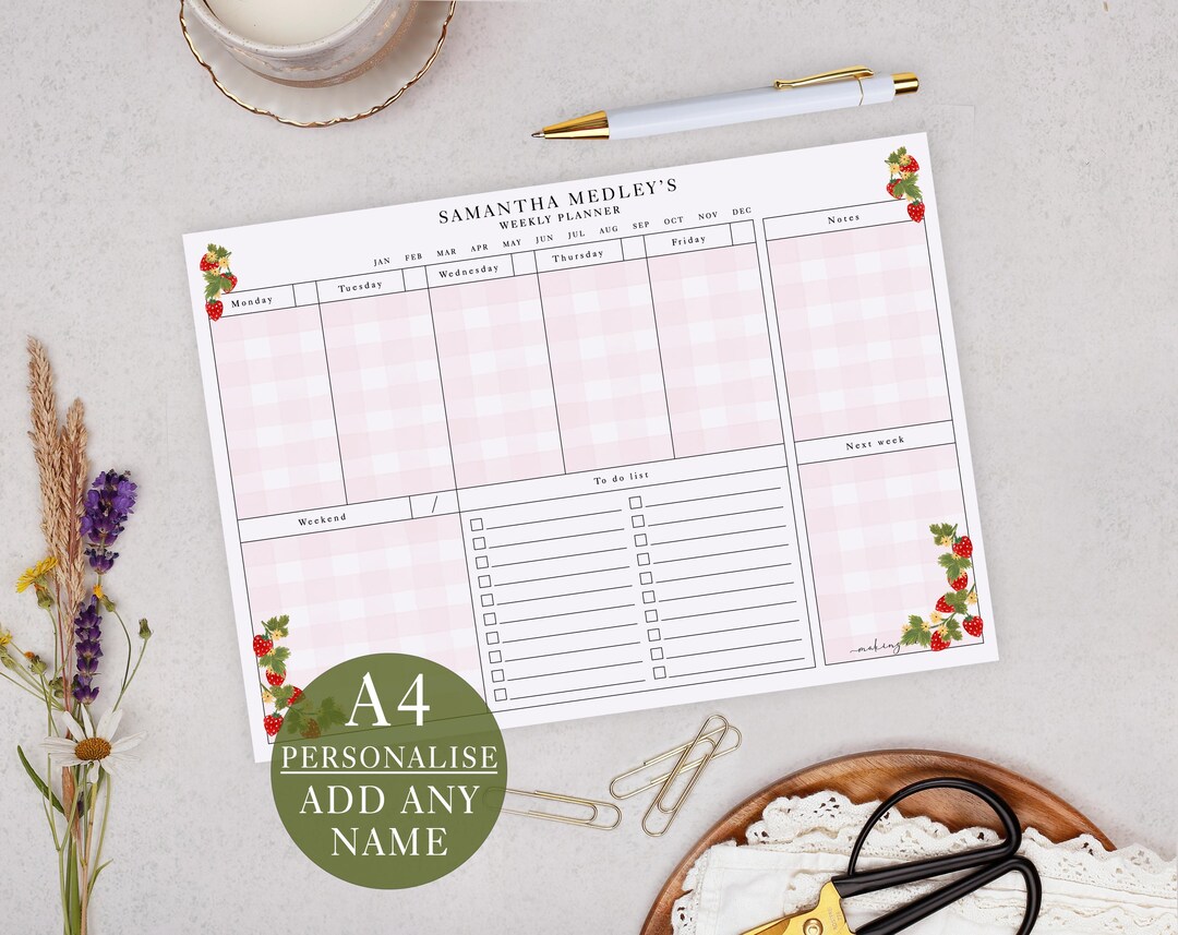 Personalised Weekly Planner Pad With Pink Strawberry Design - Office ...