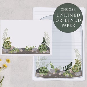 A5 Letter Writing Paper With Envelopes | Botanical Writing Set With Terrarium Succulent Design | Lined or Unlined Paper, Stationery Gift Set