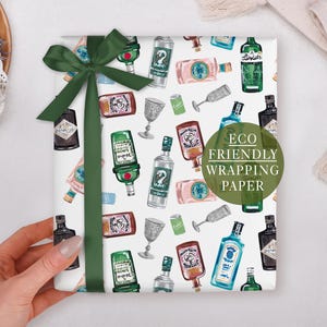Birthday Wrapping Paper With Gin Bottles - Luxury Gift Wrap, Folded