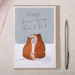 Mum & Dad Anniversary Card for Parents, Cute woodland animals, Parent Happy Wedding Anniversary Card, Red fox Illustration