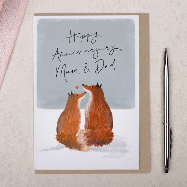 Mum & Dad Anniversary Card for Parents, Cute woodland animals, Parent Happy Wedding Anniversary Card, Red fox Illustration