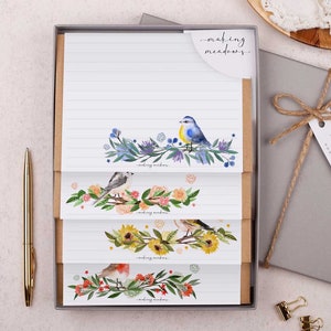 Letter Writing Set with envelopes | Gift Box or Flat Pack options | 32 writing paper sheets & 16 kraft envelopes in a floral bird design