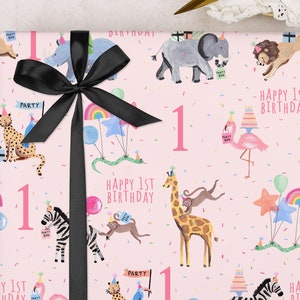 1st Birthday Pink Children's Wrapping Paper for One Year Old Girl | Cute Safari Zoo Jungle Animal Female Gift Wrap | FOLDED Sheet Wrap