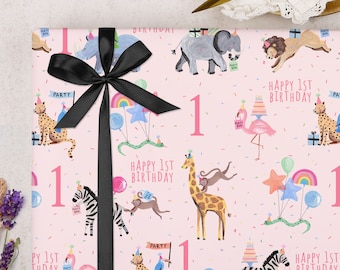 1st Birthday Pink Children's Wrapping Paper for One Year Old Girl | Cute Safari Zoo Jungle Animal Female Gift Wrap | FOLDED Sheet Wrap