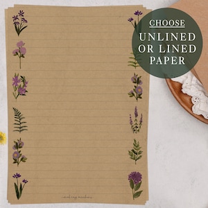 A5 Kraft Letter Writing Paper Sheets | Pretty Floral, Purple Flower Border  | Lined or Unlined Paper | Stationery Gift or Thoughtful Present