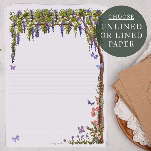 A4 Letter Writing Paper Sheets | French Floral Blue Wisteria Design | Lined or Unlined Paper | Stationery Gift or Thoughtful Present