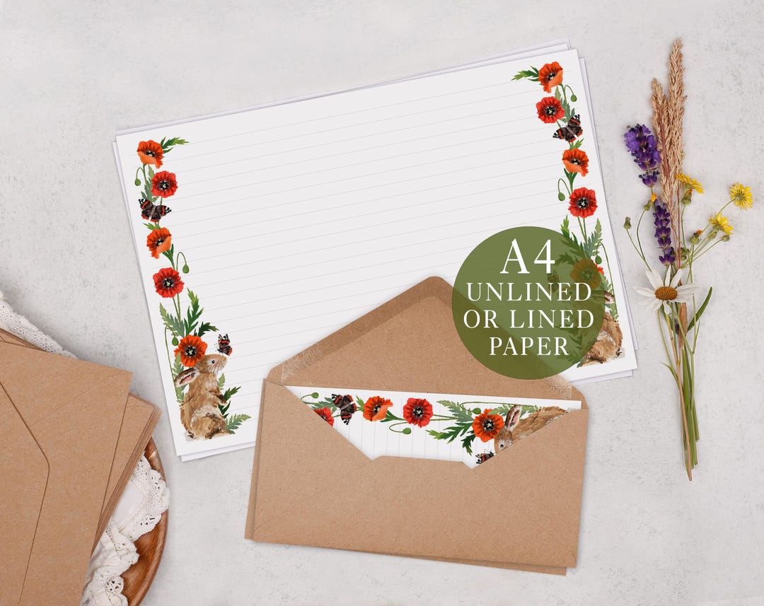 A4 Landscape Letter Writing Paper With Poppy & Rabbit - Lined or ...