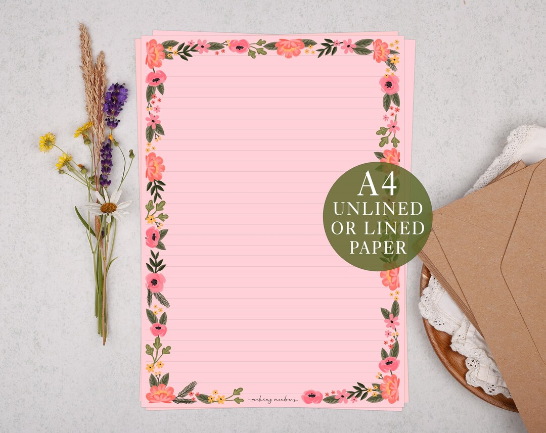 A4 Pink Letter Writing Paper With Floral Flower Border - Lined or ...