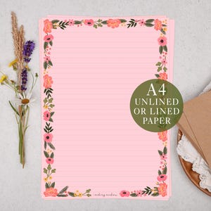 A4 Pink Letter Writing Paper With Floral Flower Border - Lined or Unlined Stationery Set