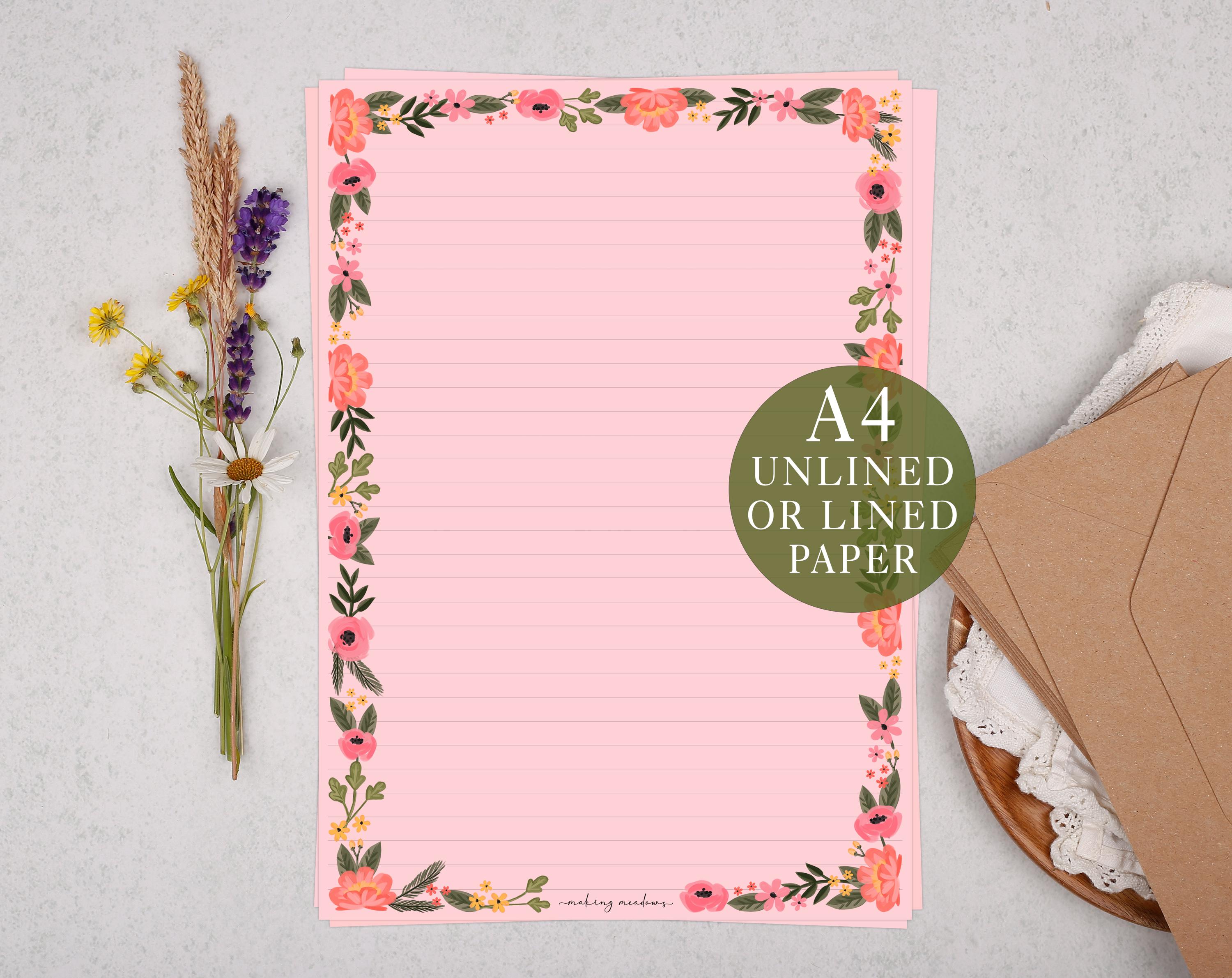 A4 Pink Letter Writing Paper With Floral Flower Border - Lined or ...