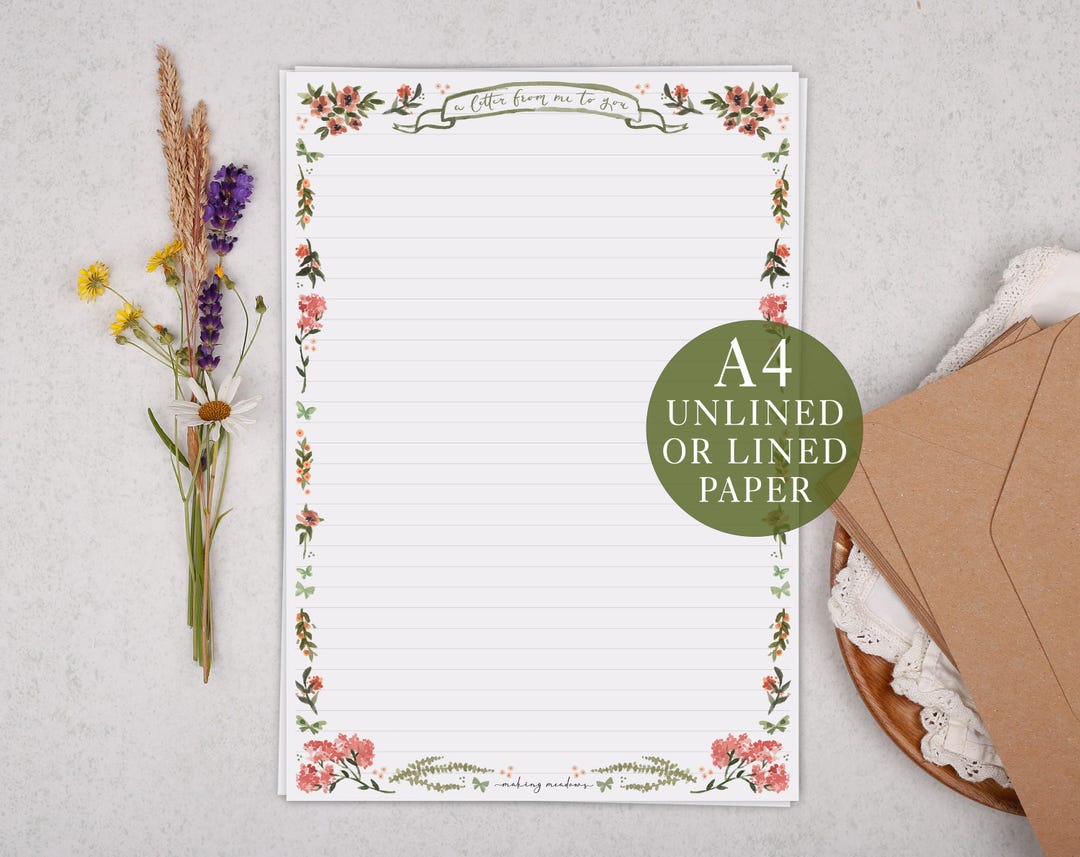 A4 Letter Writing Paper With Pink Floral Border - Lined or Unlined ...