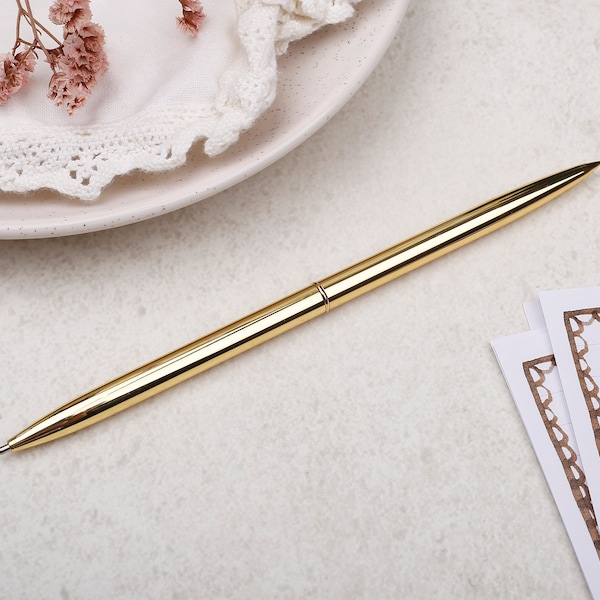 Gold Ballpoint Pen | Slim Metal Pen | Metallic Modern Pen | Guestbook Pen | Black Ink | Letter Writing Pen | Stationery Minimalistic Pen