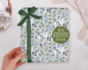 60th Birthday Wrapping Paper With Milestone Blue Floral Design - Luxury Gift Wrap, Folded