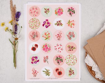 Pink Floral Sticker Sheet - Stationery For Envelope Seals, Letter Writing or Wedding Crafting
