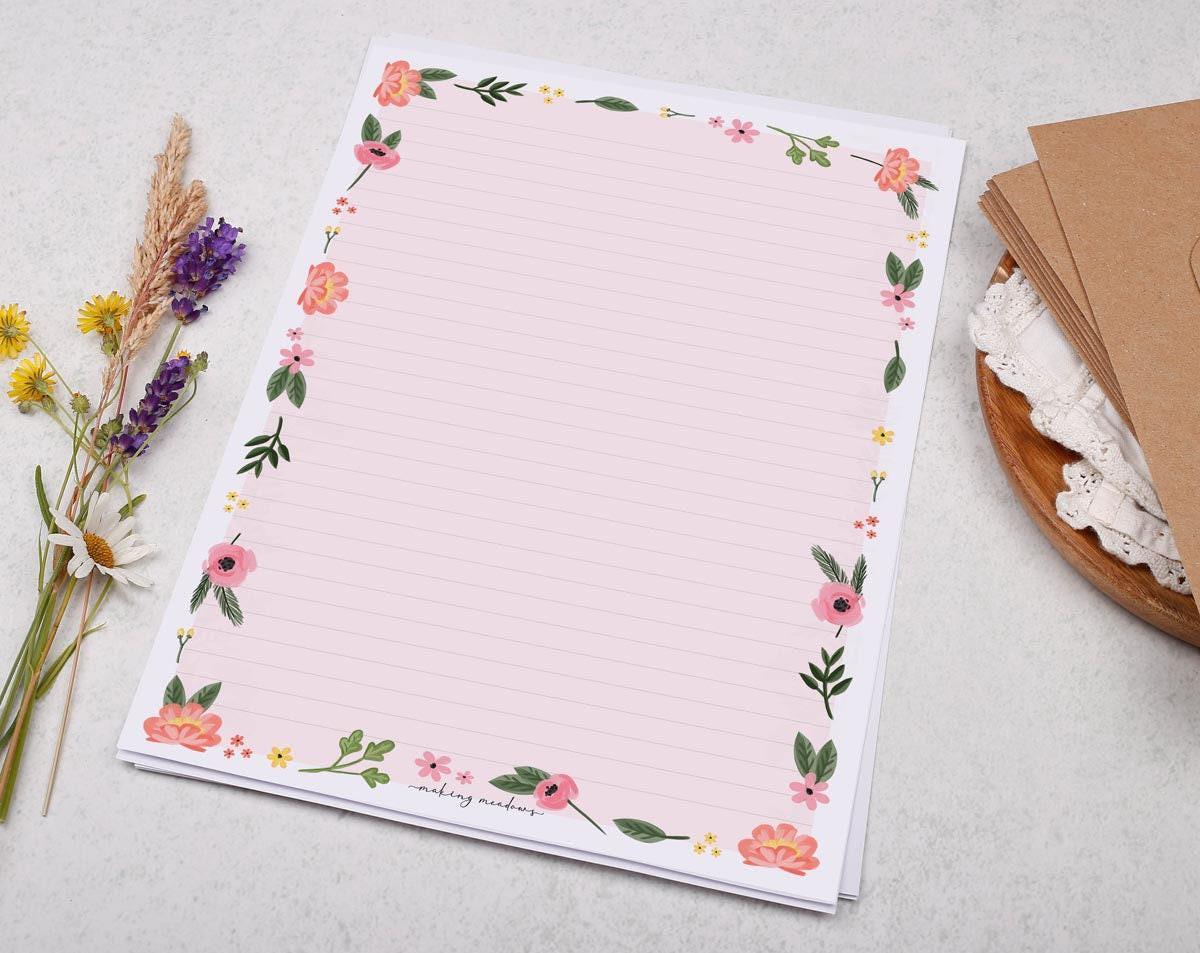 A4 Letter Writing Paper With Pink Floral Flowers - Lined or Unlined ...