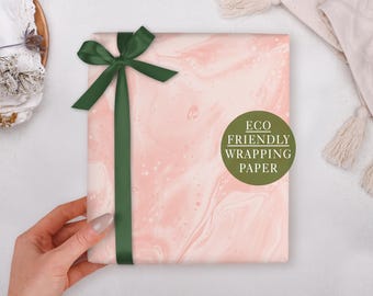 Birthday Wrapping Paper With Pink Marble Design - Luxury Gift Wrap, Folded