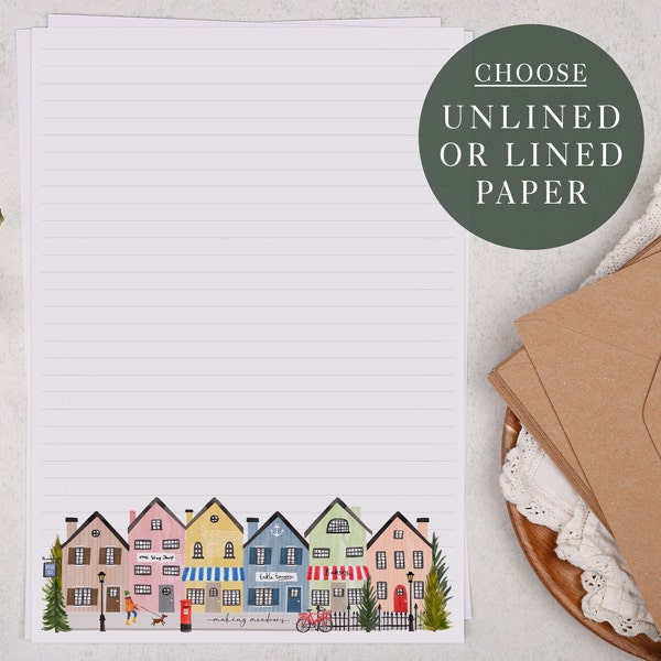 A4 Letter Writing Paper Sheets | Cute Town Village House Border  | Lined or Unlined Paper | Stationery Gift or Thoughtful Letter Set Present