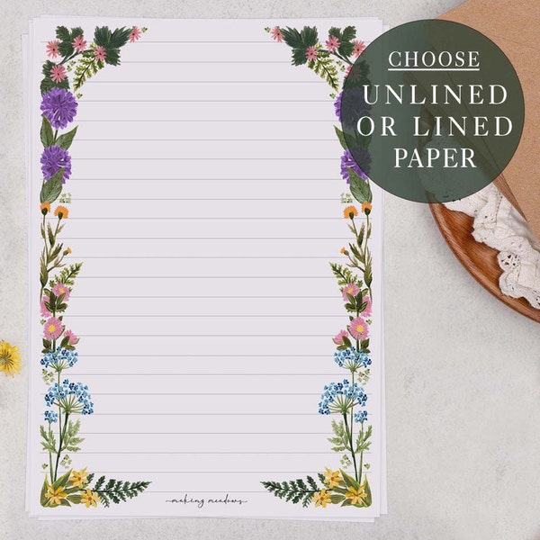 A5 Letter Writing Paper Sheets | Pretty Floral, Meadow Flower Border  | Lined or Unlined Paper | Stationery Gift or Thoughtful Present
