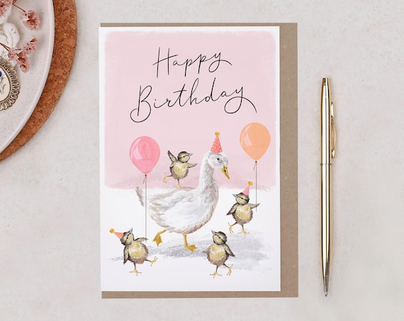 Duck & Goose Birthday Card - Pink Hand Painted Animal Design