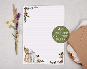 A4 Letter Writing Paper With Cat & Floral Flowers - Lined or Unlined Stationery Set