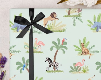 Children's Jungle Birthday Wrapping Paper | Unisex Green Children's Gift Wrap | Cute Safari Zoo Jungle Animal Design | FOLDED Sheet Wrap