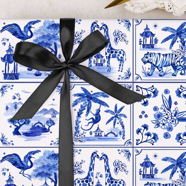 Wrapping Paper for her | Blue porcelain tile gift wrap | FOLDED single sheet wrap in a beautiful matt finish with added ribbon