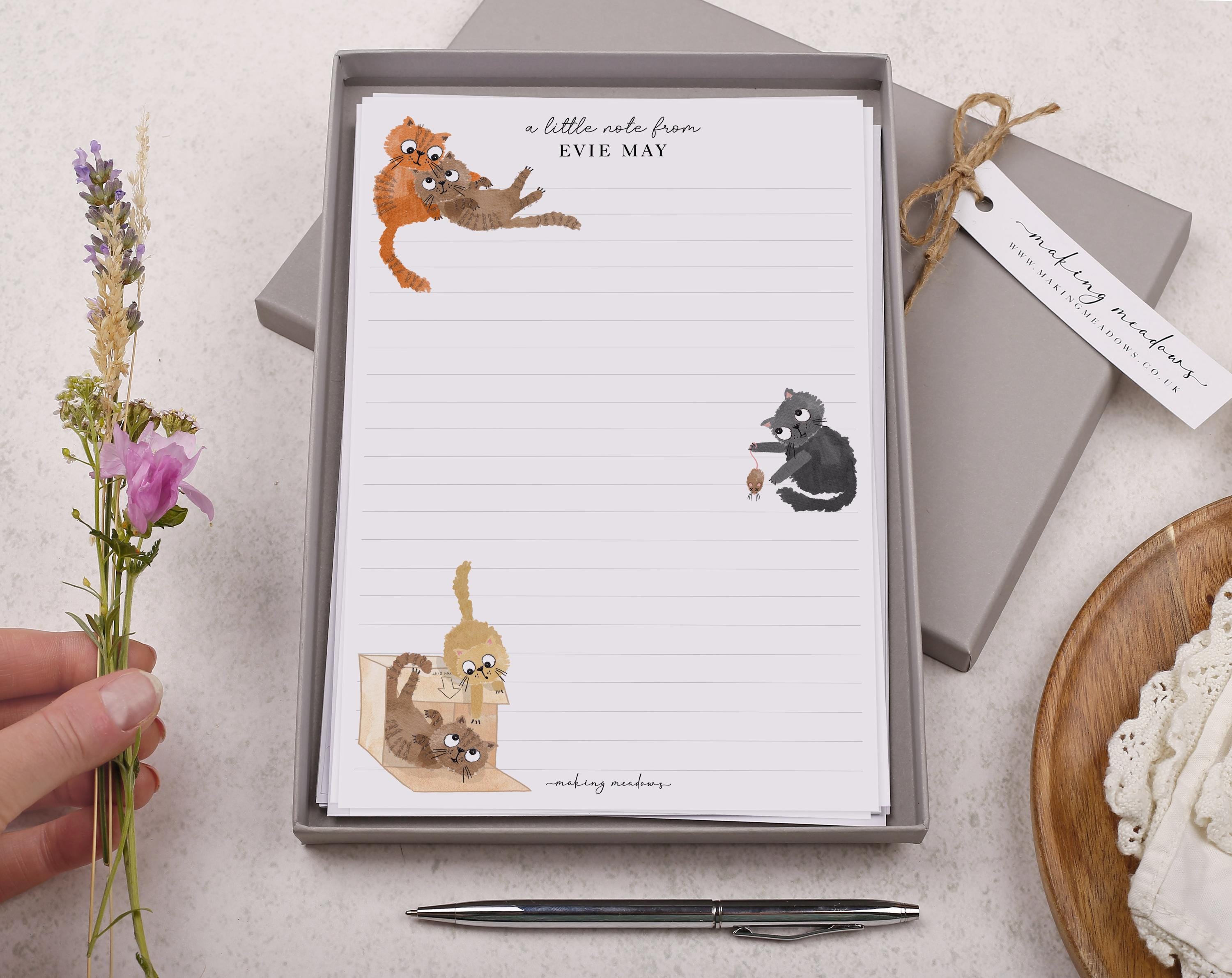 A5 Personalised Letter Writing Paper Box With Cat Design - Lined or ...