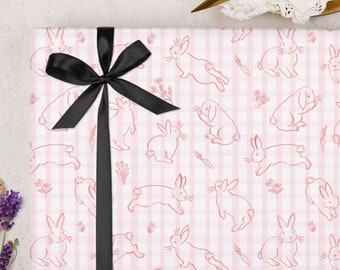 Rabbit Easter Wrapping Paper With Pink Gingham | Cute Bunny Gift Wrap Design For Girls | Young Children's Wrap | FOLDED Sheet Wrap