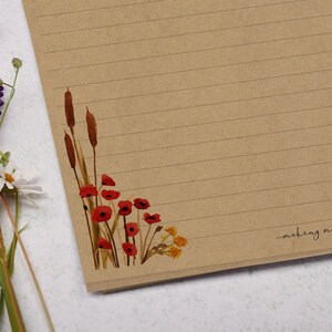 A4 Kraft Letter Writing Paper Sheets | Floral Poppy & Reed Flower ...