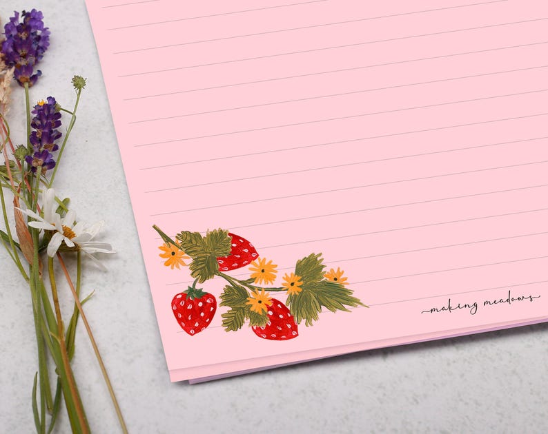 A4 Pink Letter Writing Paper With Floral Strawberry Border - Lined or ...