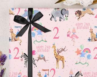 2nd Birthday Pink Children's Wrapping Paper for Two Year Old Girl | Cute Safari Zoo Jungle Animal Female Gift Wrap | FOLDED Sheet Wrap