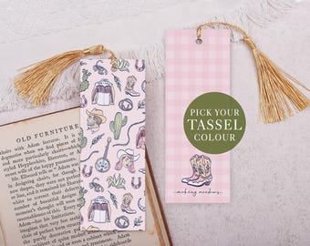 Cowgirl Wild West Bookmark With Tassel - Pink Double Sided Reading Marker For Book Lover