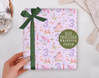 3rd Birthday Wrapping Paper for Children With Purple Unicorn - Luxury Gift Wrap, Folded