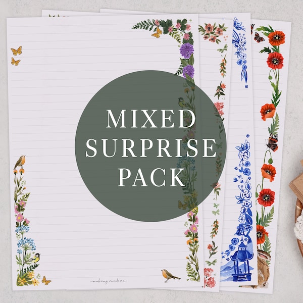 Mixed Pack Of Letter Writing Paper Sheets | A4 or A5 Size | Lined or Unlined Paper | Surprise Multi Pack of Writing Sheets In Random Designs
