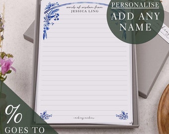 A5 Personalised Letter Writing Paper | Gift Box Set | Blue Oriental Flowers Floral Design | Customise With Any Name | % Goes To Charity