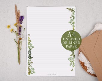 Papel para escribir cartas A4 con follaje botánico - Juego de papelería con o sin raya