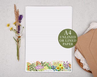 A4 Letter Writing Paper With Watercolour Floral Flowers - Lined or Unlined Stationery Set