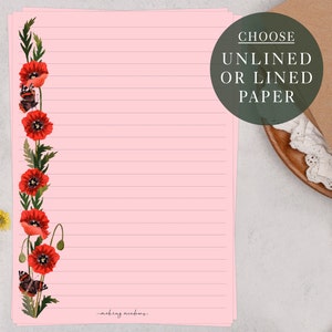 A5 Pink Letter Writing Paper Sheets | Wild Floral Poppy & Butterfly Border | Lined or Unlined Paper | Stationery Gift or Thoughtful Present
