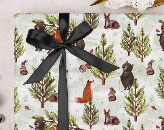 Christmas Wrapping Paper Woodland Animal Family Gift Wrap FOLDED Single  Sheet Wrap in a Beautiful Matt Finish With Added Ribbon 