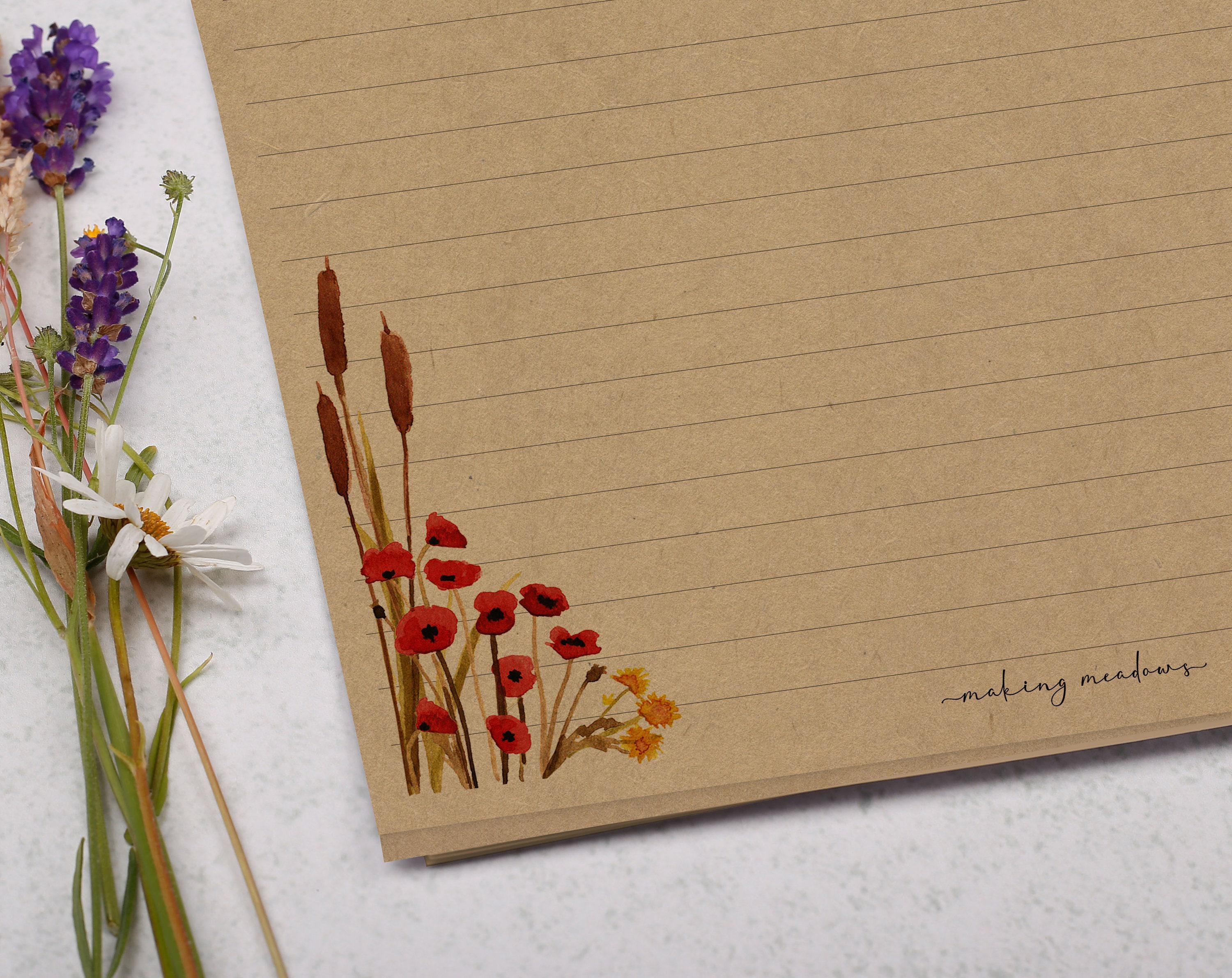 A4 Kraft Letter Writing Paper With Poppy Flowers - Lined or Unlined ...
